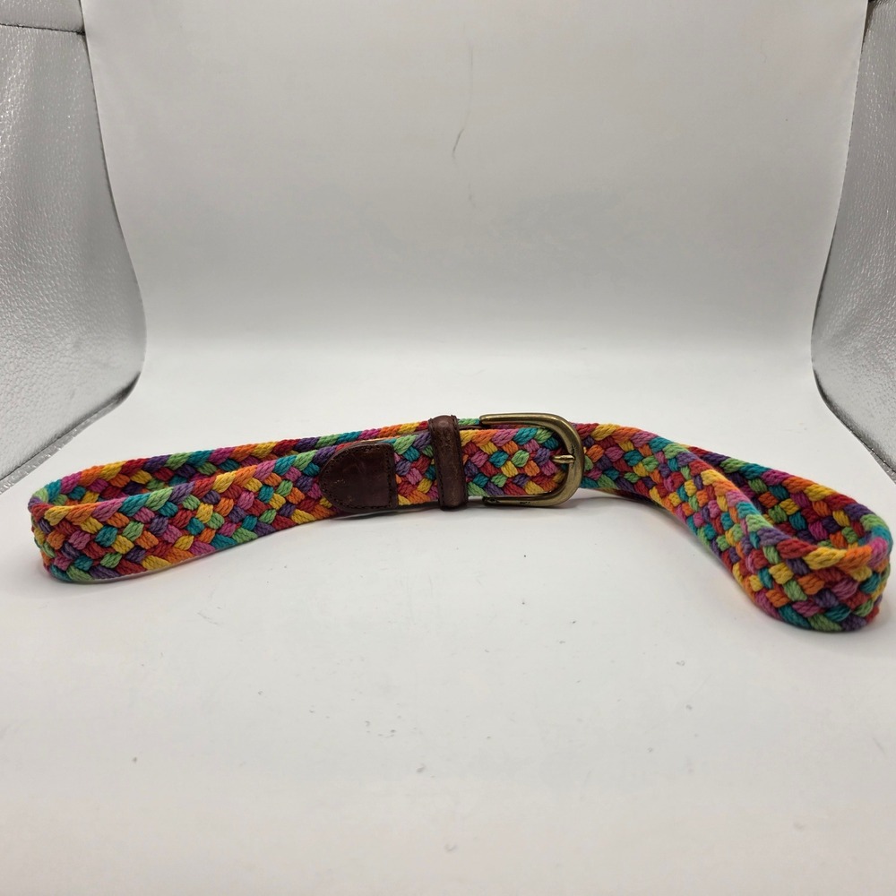 Vintage Rainbow Braided Woven Belt Solid Brass Buckle Multi Color Leather Trim M